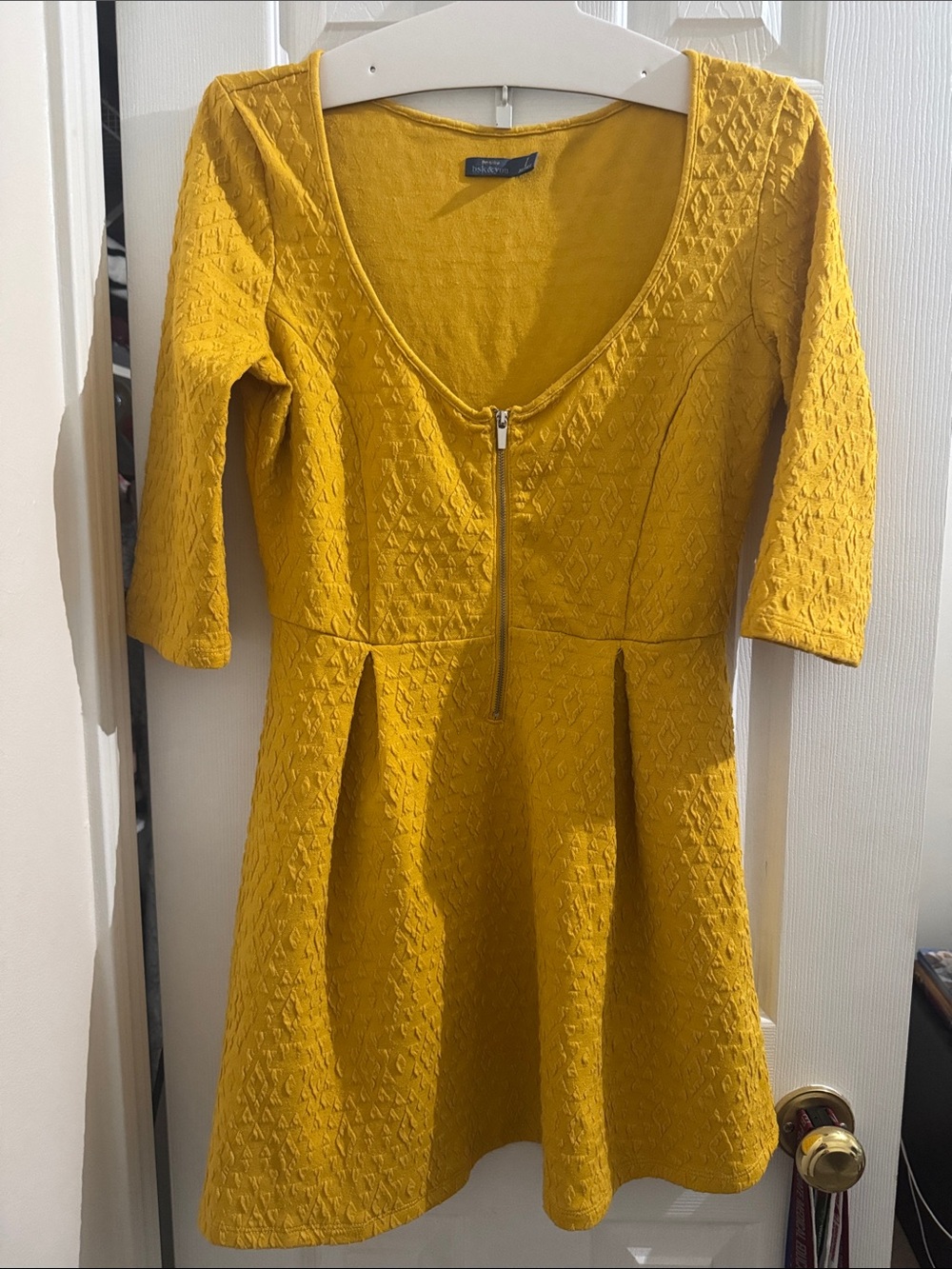 Bershka Mustard Yellow Textured Fit-and-Flare Mini Dress with Front Zip